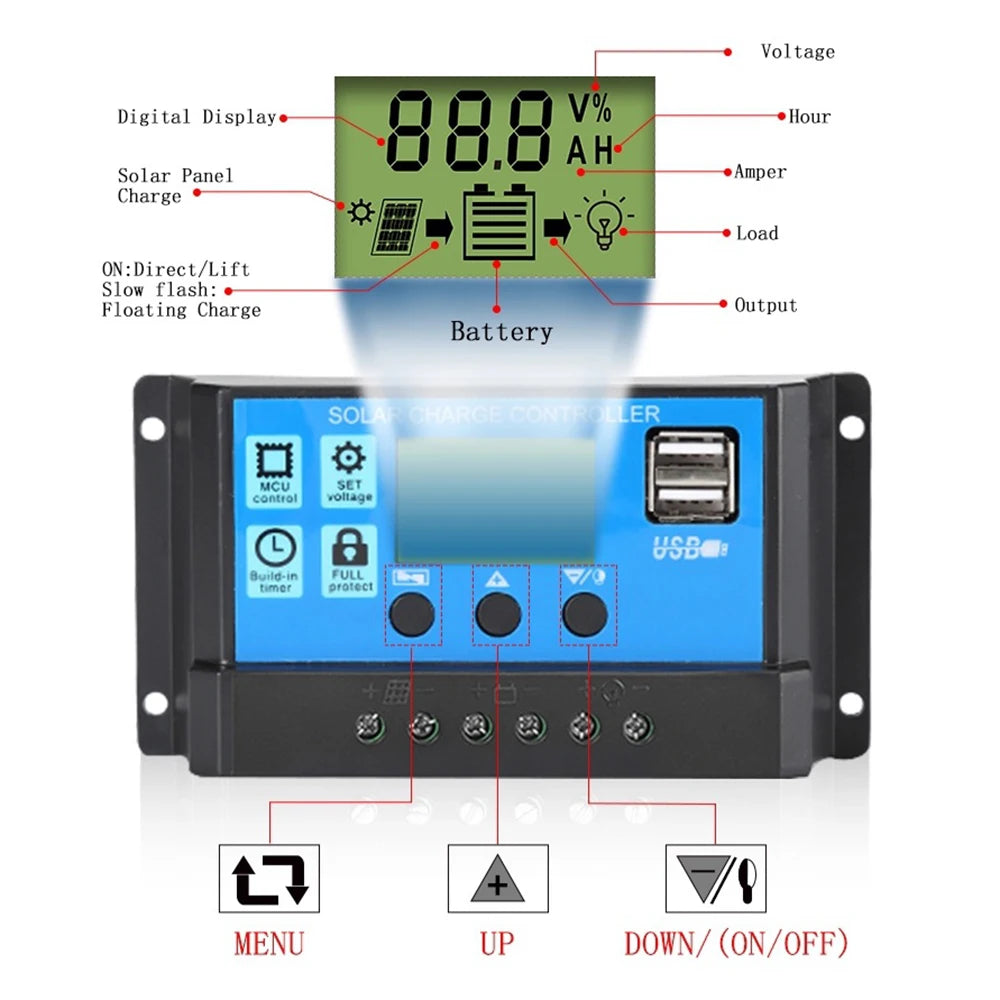 30A PWM Solar Charge Controller 12V/24V LCD