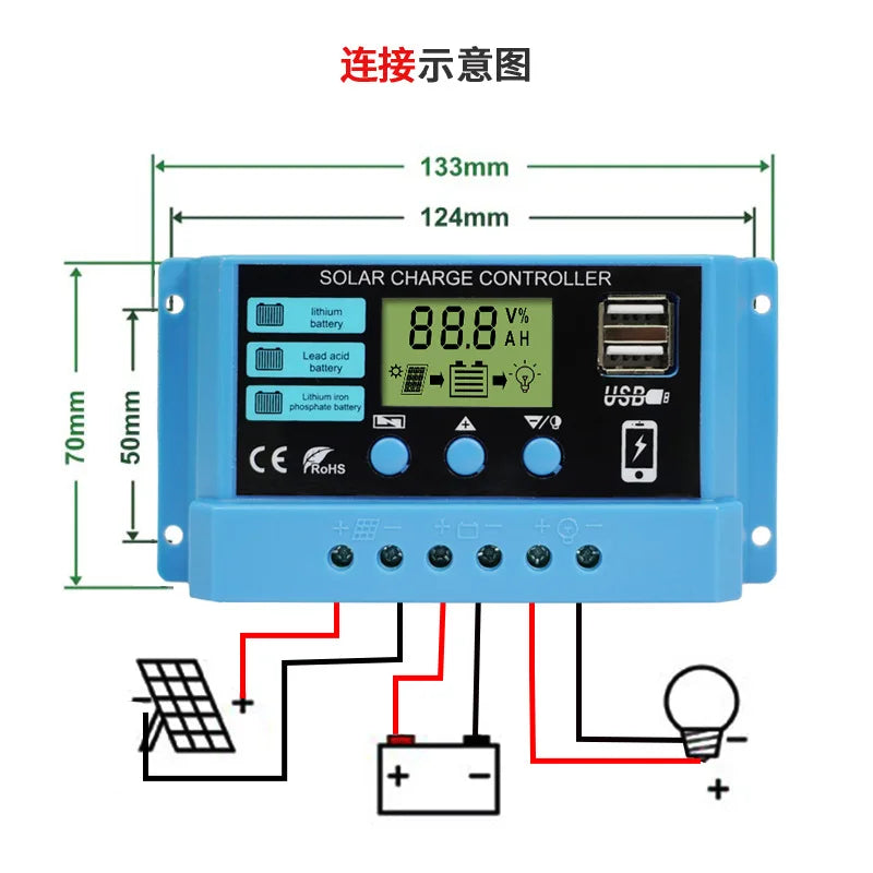 PWM 10–30A Solar Charge Controller 12V/24V