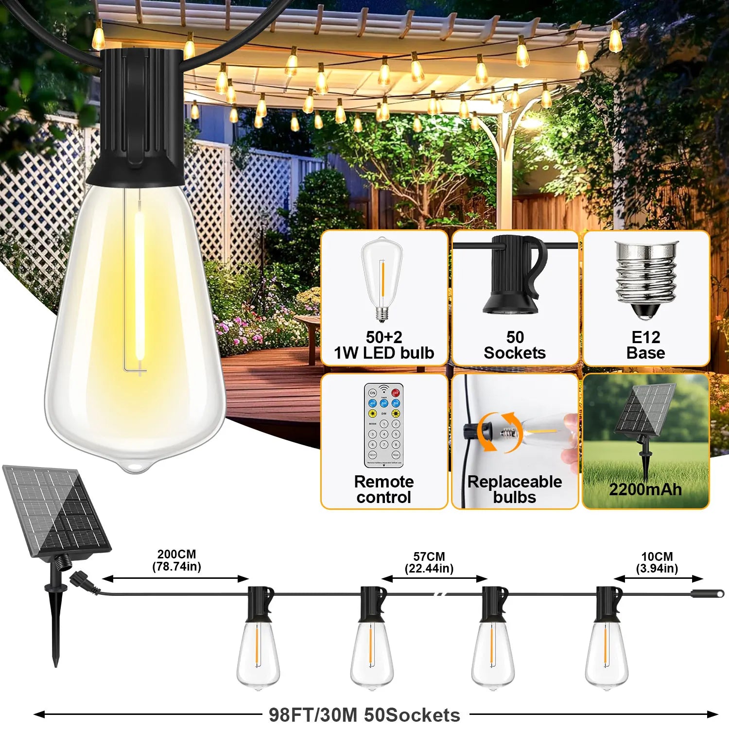 Shatterproof ST38 Outdoor Solar String Lights