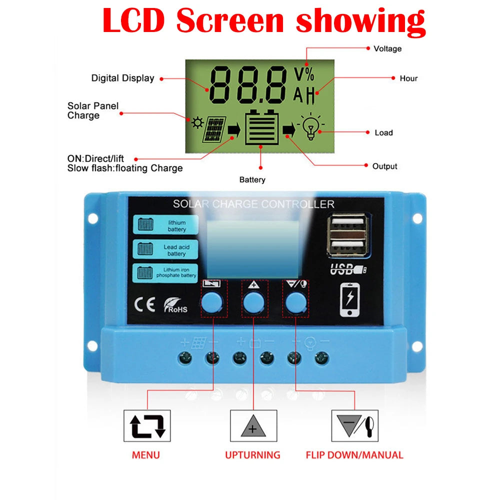 PWM 10–30A Solar Charge Controller 12V/24V
