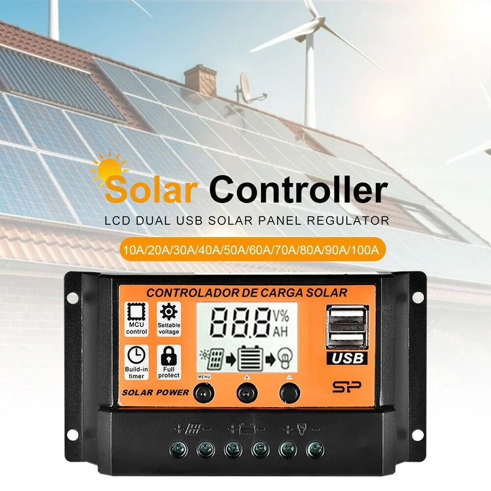 High-Efficiency PWM Solar Controller 30A-100A LCD USB