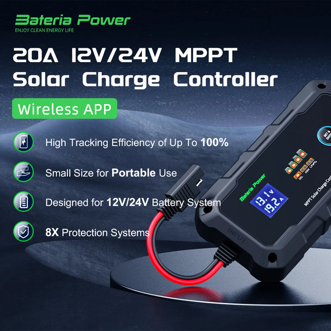 20A MPPT Wireless Solar Charge Controller with APP