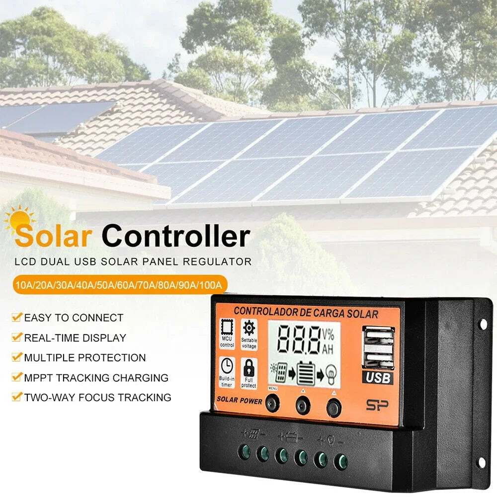 High-Efficiency PWM Solar Controller 30A-100A LCD USB