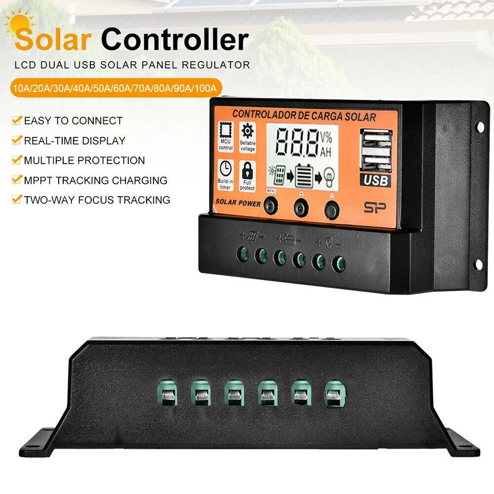 High-Efficiency PWM Solar Controller 30A-100A LCD USB
