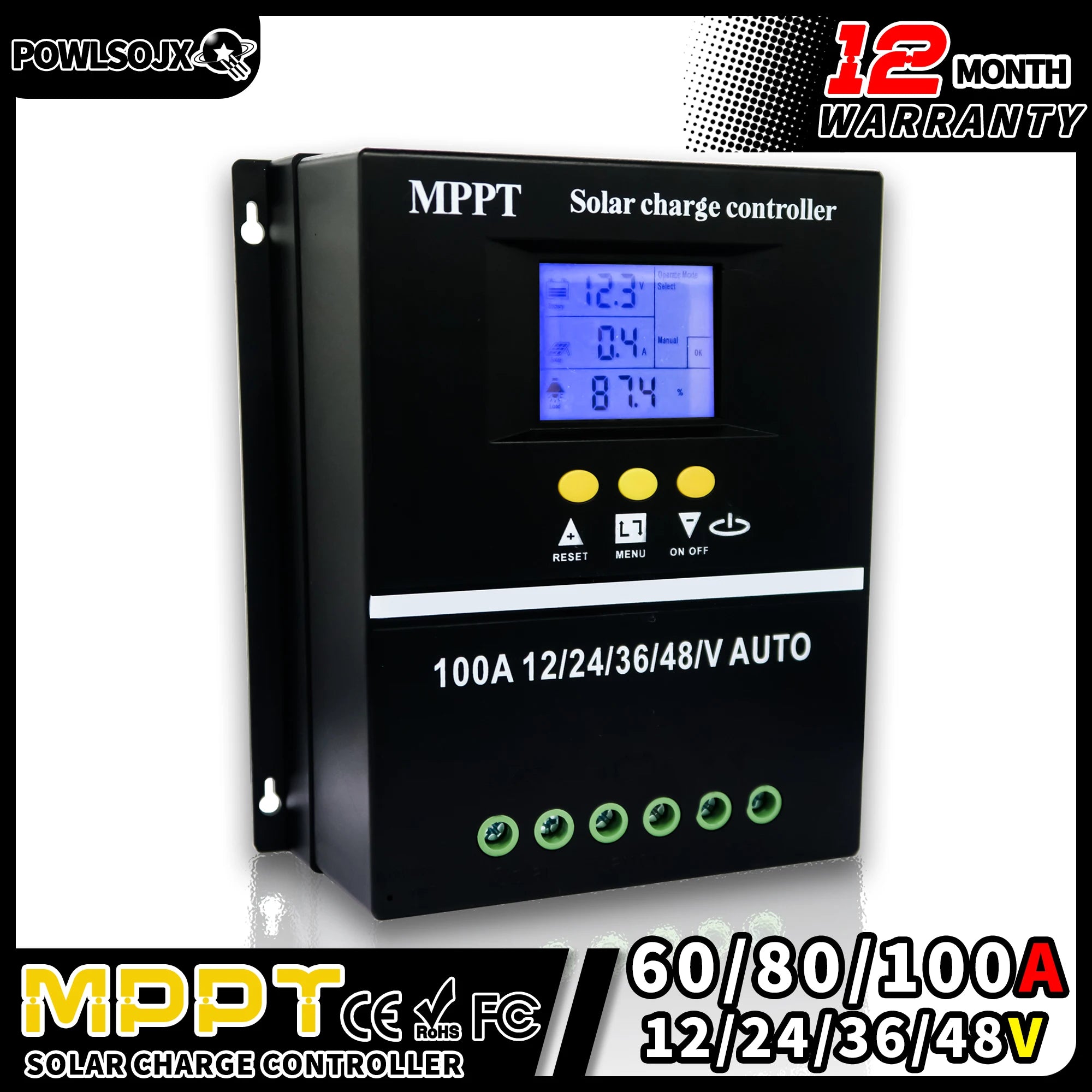 POWLSOJX 100A MPPT Solar Charge Controller LCD