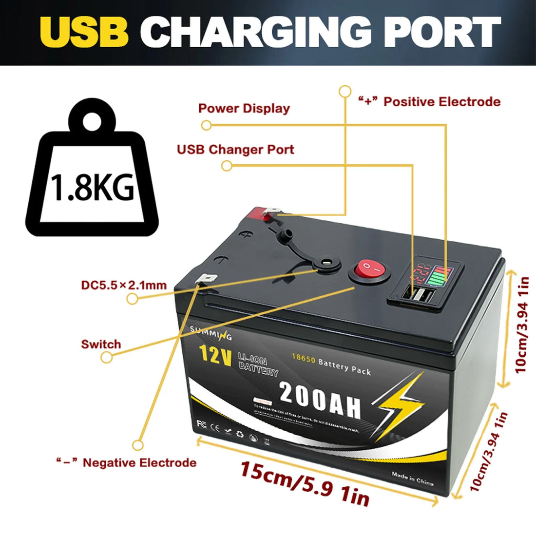 12V 200Ah LiFePO4 Solar Battery with USB