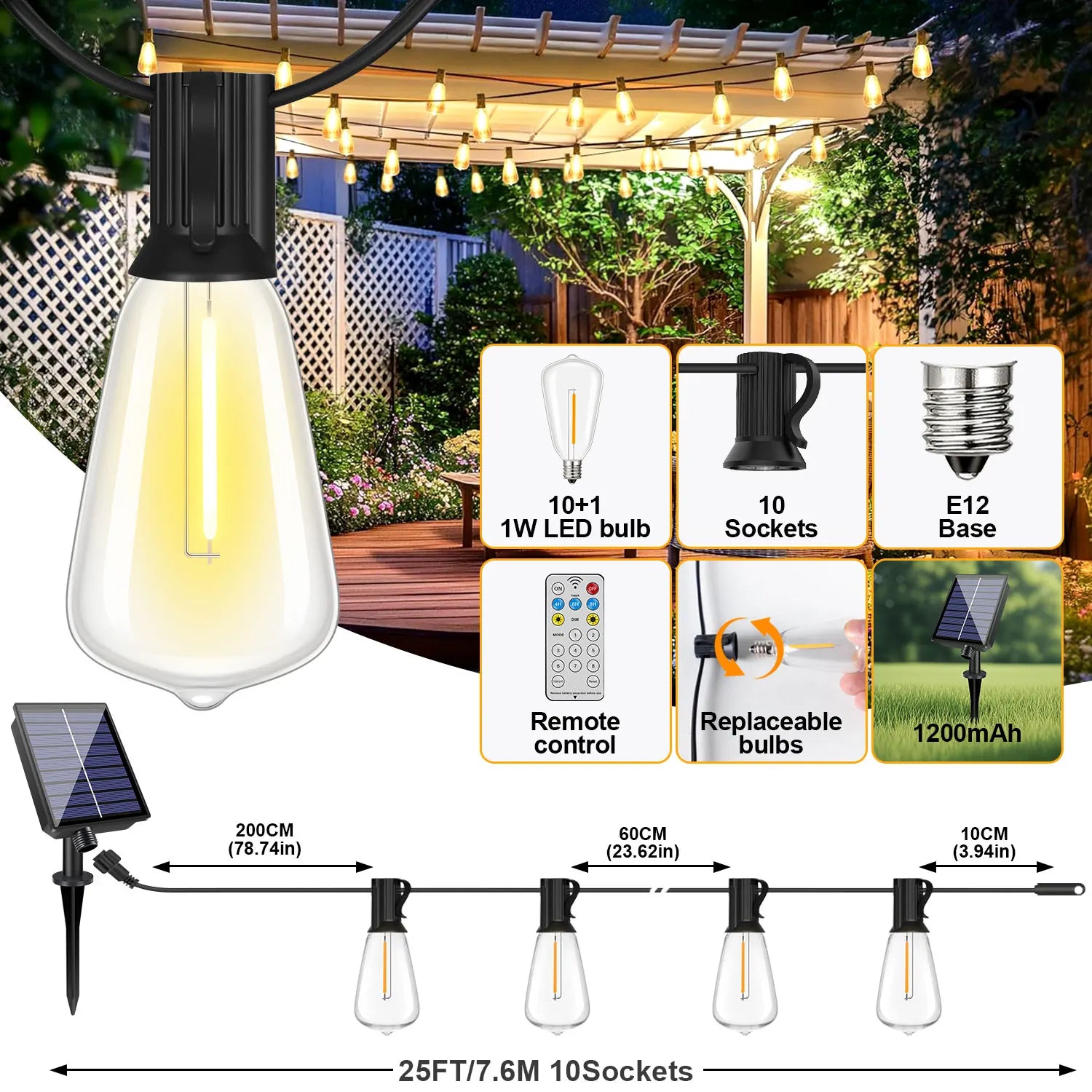 Shatterproof ST38 Outdoor Solar String Lights