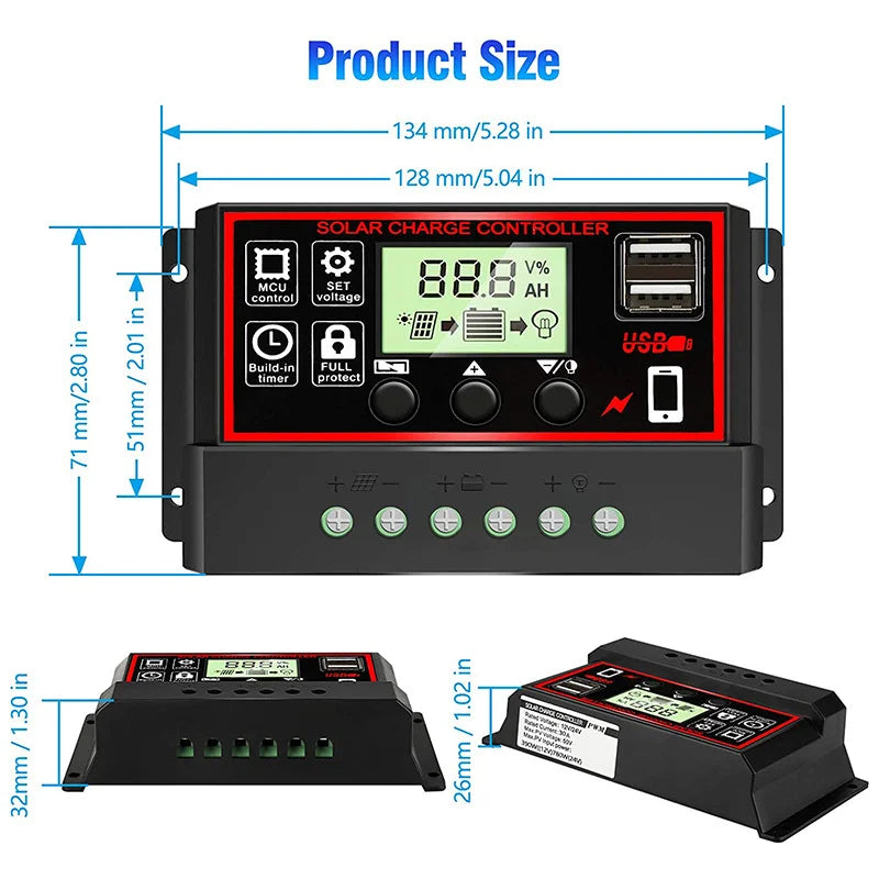 PWM Solar Charge Controller 10A-100A LCD USB