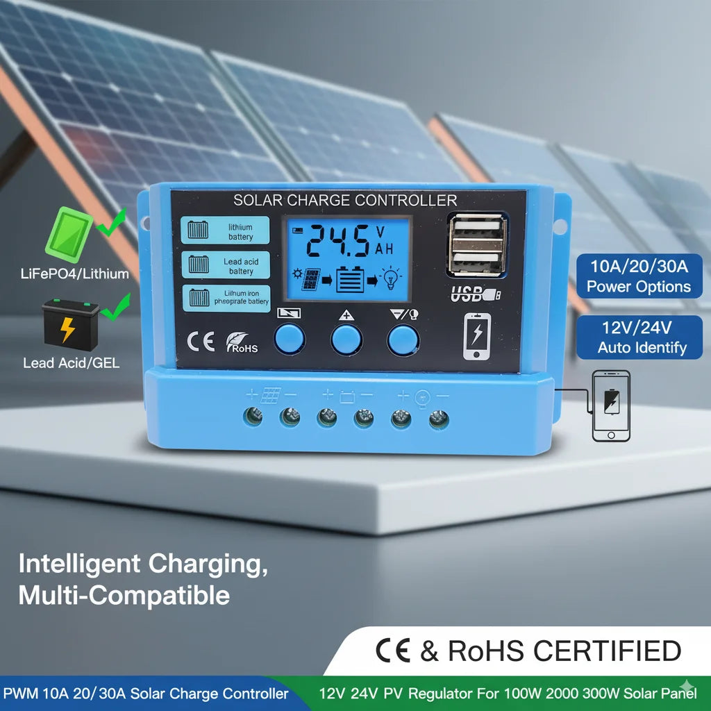 PWM 10–30A Solar Charge Controller 12V/24V